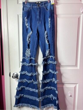 Frayed Dark Blue Flare Jeans with Layered Fringe
